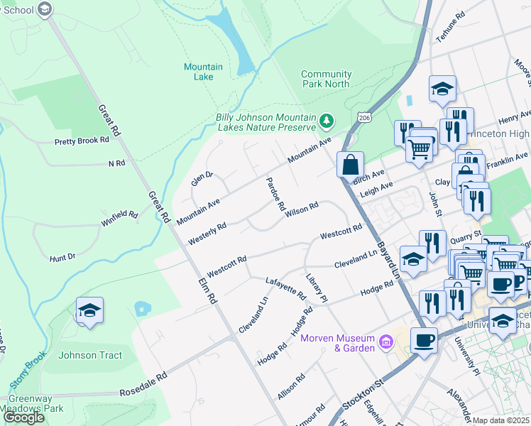 map of restaurants, bars, coffee shops, grocery stores, and more near 16 Westerly Road in Princeton