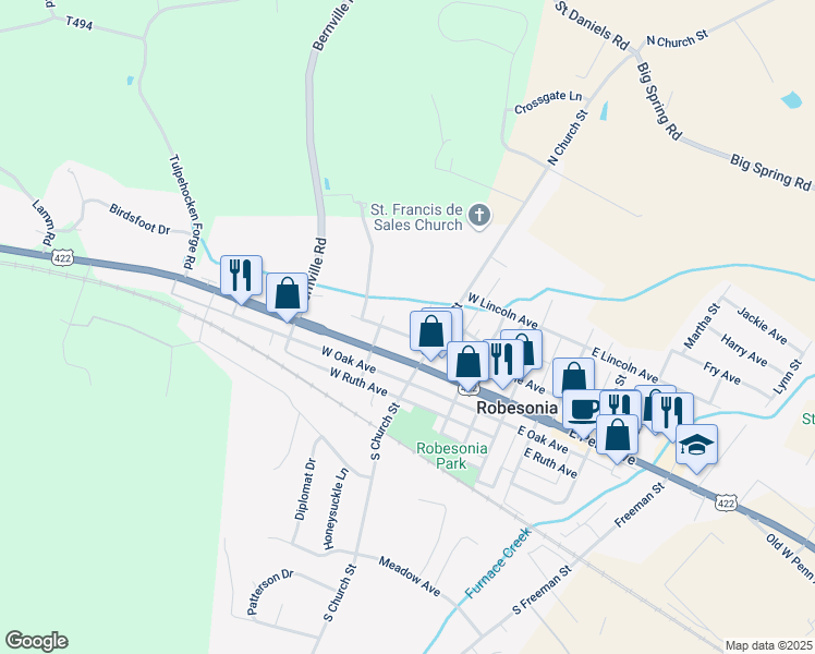 map of restaurants, bars, coffee shops, grocery stores, and more near 220 West Maple Avenue in Robesonia