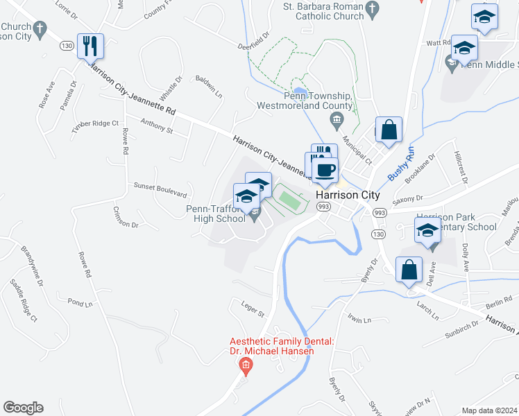 map of restaurants, bars, coffee shops, grocery stores, and more near 3381 Pennsylvania 130 in Harrison City