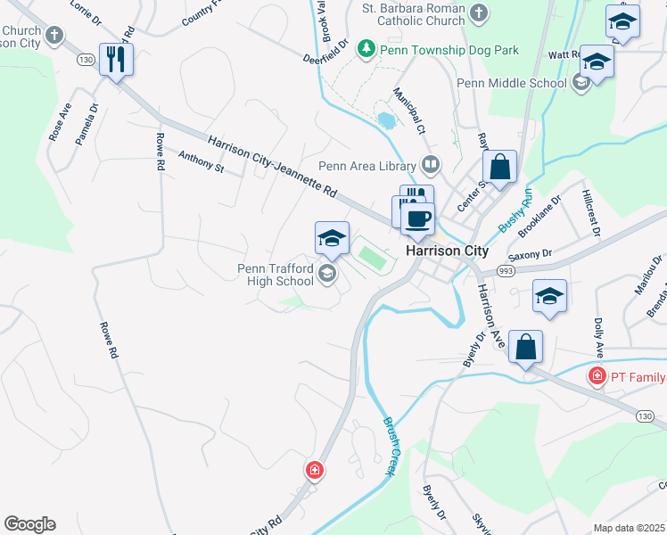map of restaurants, bars, coffee shops, grocery stores, and more near 3381 Pennsylvania 130 in Harrison City