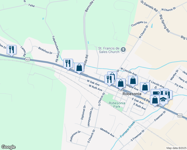 map of restaurants, bars, coffee shops, grocery stores, and more near 353 West Penn Avenue in Robesonia