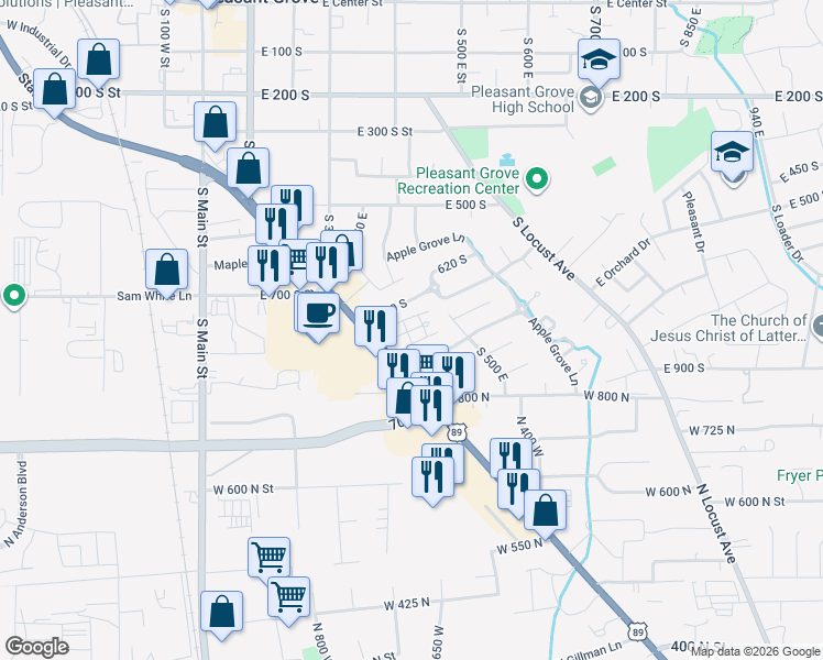 map of restaurants, bars, coffee shops, grocery stores, and more near 411 East State Road in Pleasant Grove
