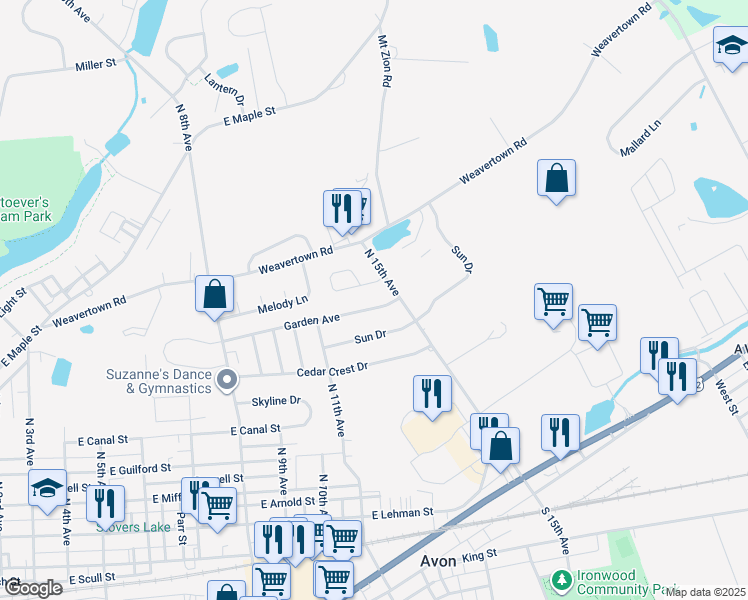map of restaurants, bars, coffee shops, grocery stores, and more near 1137 Garden Avenue in Lebanon