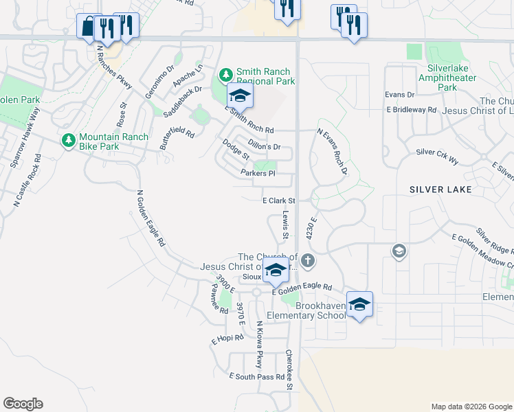 map of restaurants, bars, coffee shops, grocery stores, and more near 4065 East Clark Street in Eagle Mountain