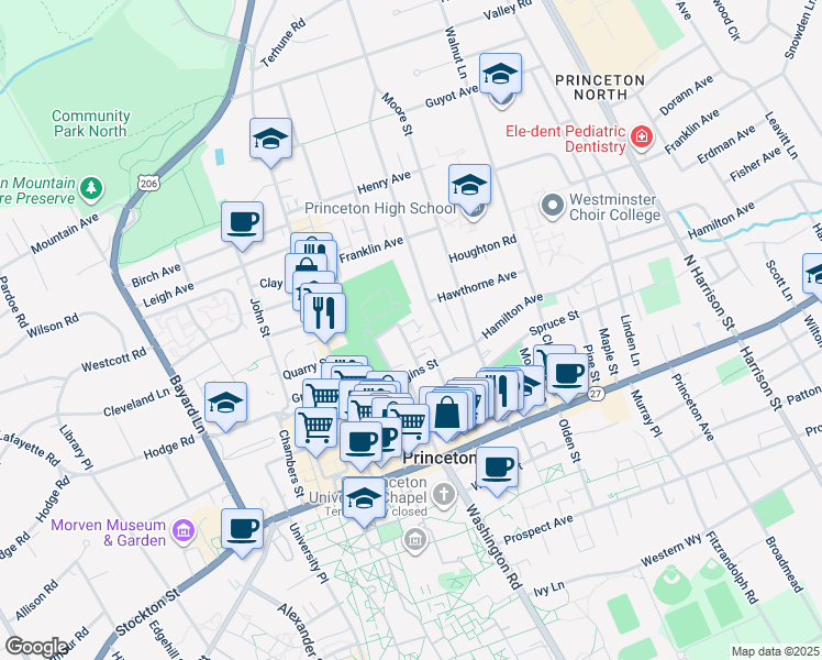 map of restaurants, bars, coffee shops, grocery stores, and more near 38-40 Jefferson Road in Princeton