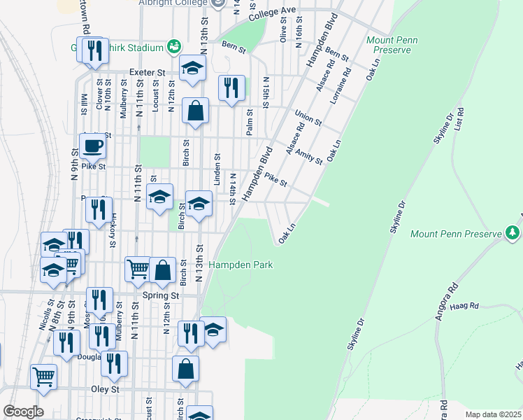 map of restaurants, bars, coffee shops, grocery stores, and more near 1242 Alsace Road in Reading