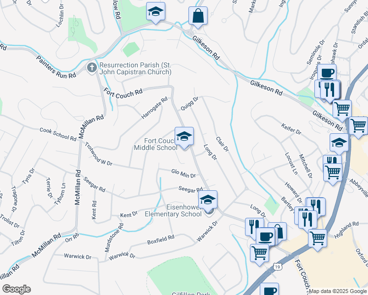 map of restaurants, bars, coffee shops, grocery stores, and more near 506 Fort Couch Road in Pittsburgh