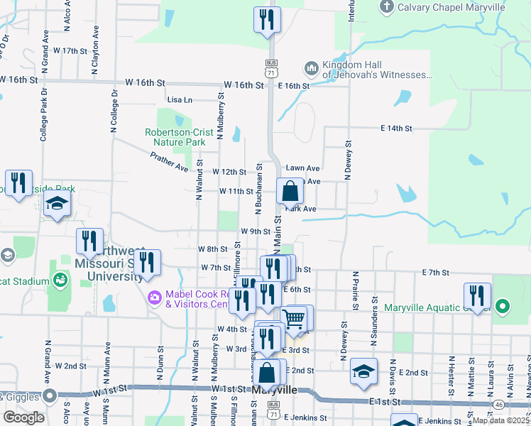 map of restaurants, bars, coffee shops, grocery stores, and more near 1001 North Buchanan Street in Maryville