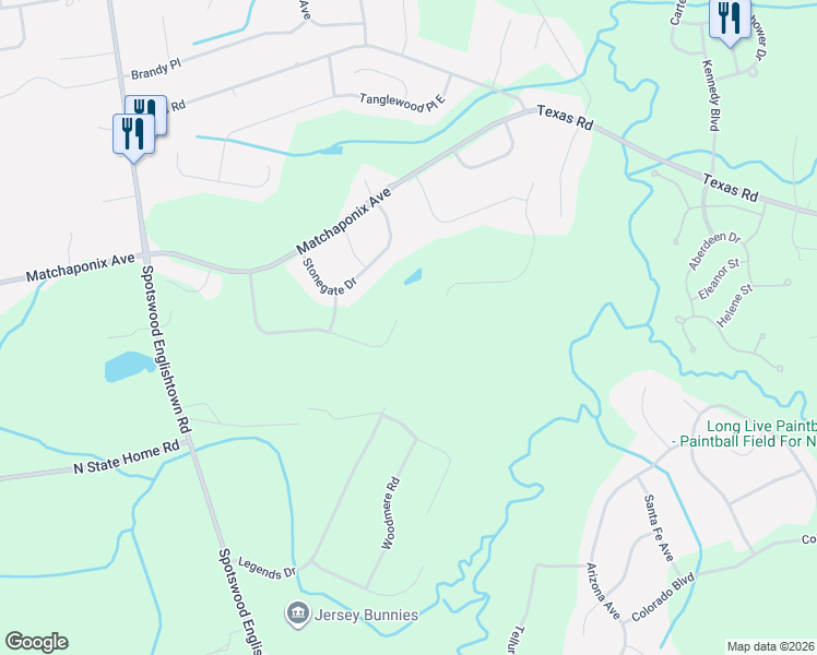 map of restaurants, bars, coffee shops, grocery stores, and more near 50 Springwood Drive in Monroe Township
