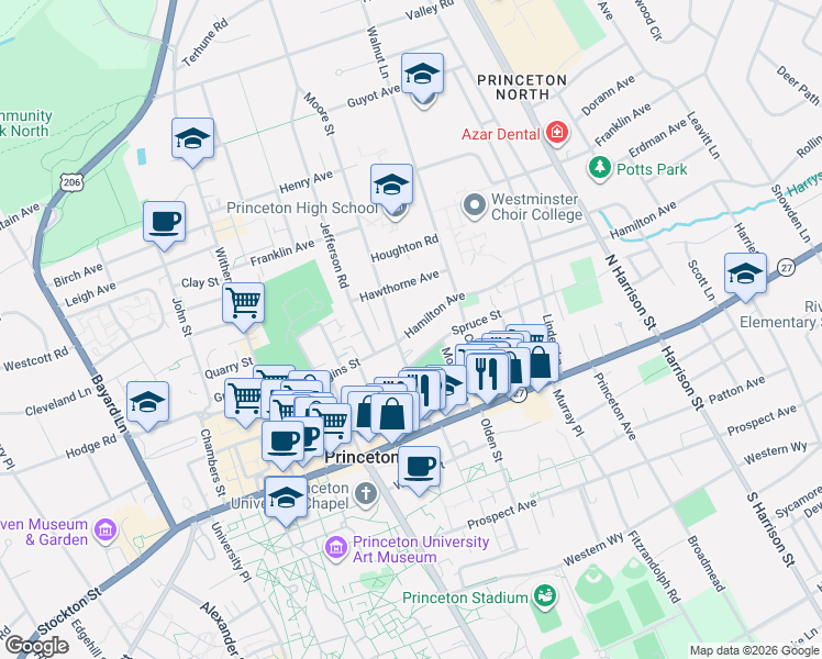 map of restaurants, bars, coffee shops, grocery stores, and more near 8 Hamilton Avenue in Princeton