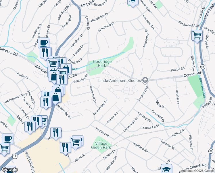 map of restaurants, bars, coffee shops, grocery stores, and more near 519 Kingsberry Circle in Pittsburgh