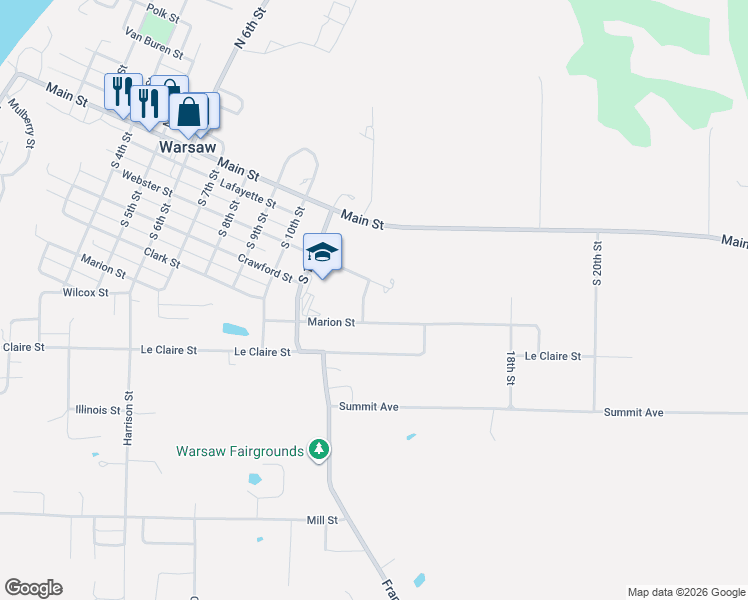 map of restaurants, bars, coffee shops, grocery stores, and more near 1300-1398 Webster Street in Warsaw