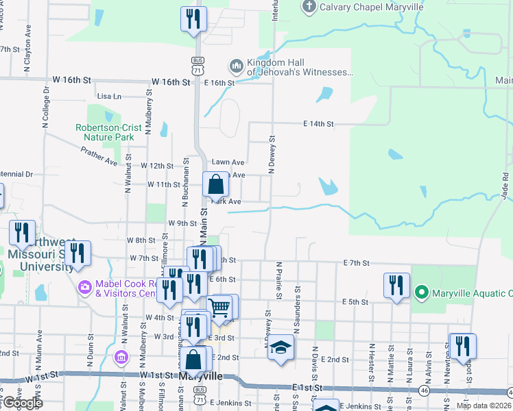 map of restaurants, bars, coffee shops, grocery stores, and more near 322 Park Avenue in Maryville