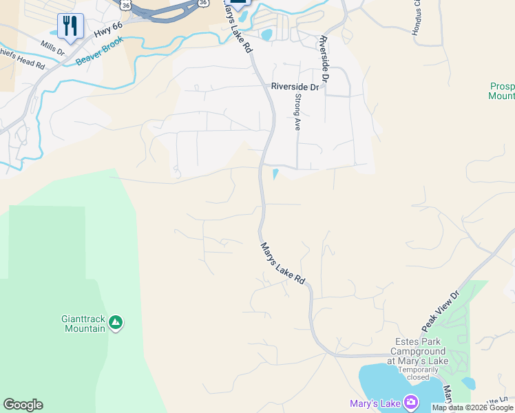 map of restaurants, bars, coffee shops, grocery stores, and more near 1640 Marys Lake Road in Estes Park