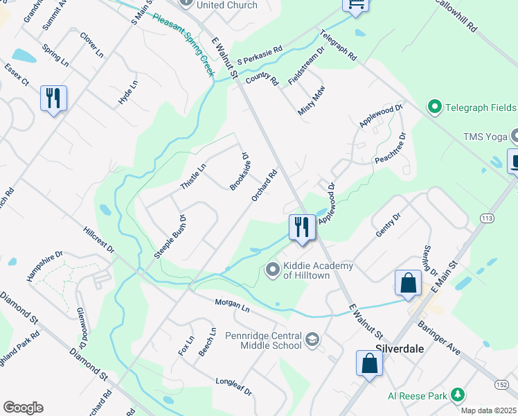 map of restaurants, bars, coffee shops, grocery stores, and more near 115 Orchard Road in Perkasie