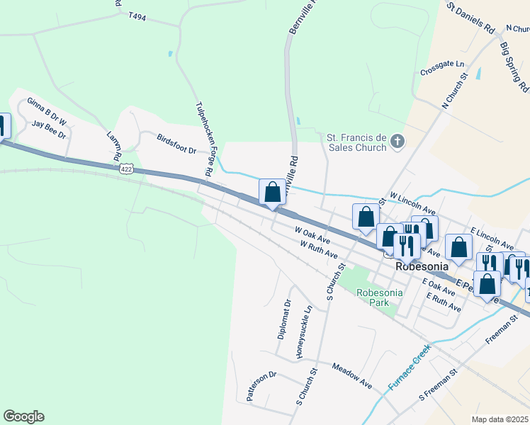 map of restaurants, bars, coffee shops, grocery stores, and more near 434 West Penn Avenue in Robesonia