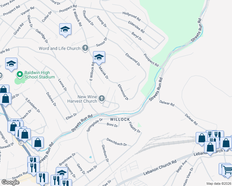 map of restaurants, bars, coffee shops, grocery stores, and more near 5359 Elmwood Drive in Pittsburgh