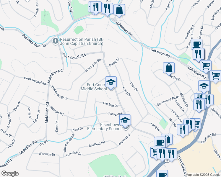 map of restaurants, bars, coffee shops, grocery stores, and more near 515 Fort Couch Road in Upper St. Clair