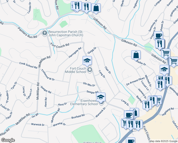 map of restaurants, bars, coffee shops, grocery stores, and more near 515 Fort Couch Road in Upper Saint Clair