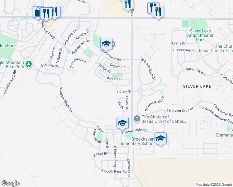 map of restaurants, bars, coffee shops, grocery stores, and more near 4048 East Clark Street in Eagle Mountain