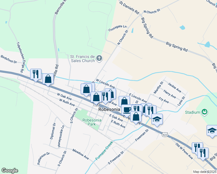 map of restaurants, bars, coffee shops, grocery stores, and more near 30 West Lincoln Avenue in Robesonia