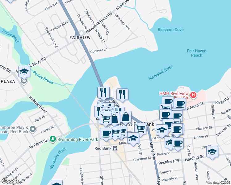map of restaurants, bars, coffee shops, grocery stores, and more near 130 Bodman Place in Red Bank