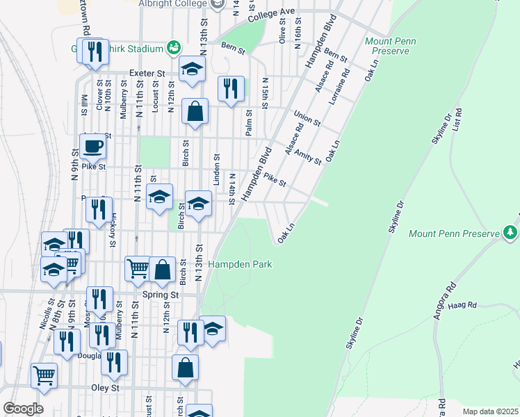 map of restaurants, bars, coffee shops, grocery stores, and more near 1244 Alsace Road in Reading