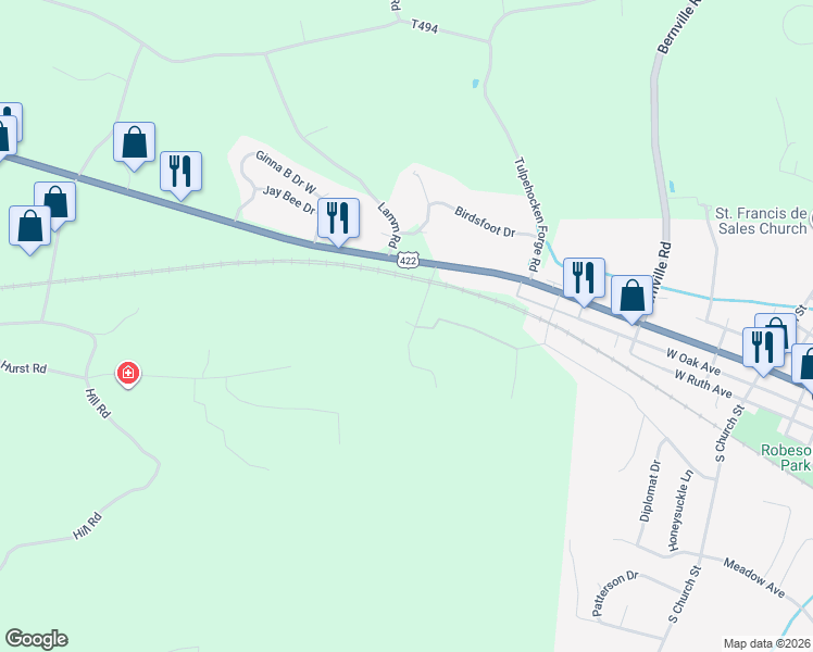 map of restaurants, bars, coffee shops, grocery stores, and more near 12 Janice Lane in Robesonia