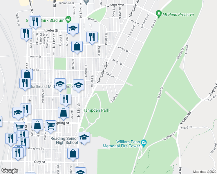 map of restaurants, bars, coffee shops, grocery stores, and more near 1241 Alsace Road in Reading