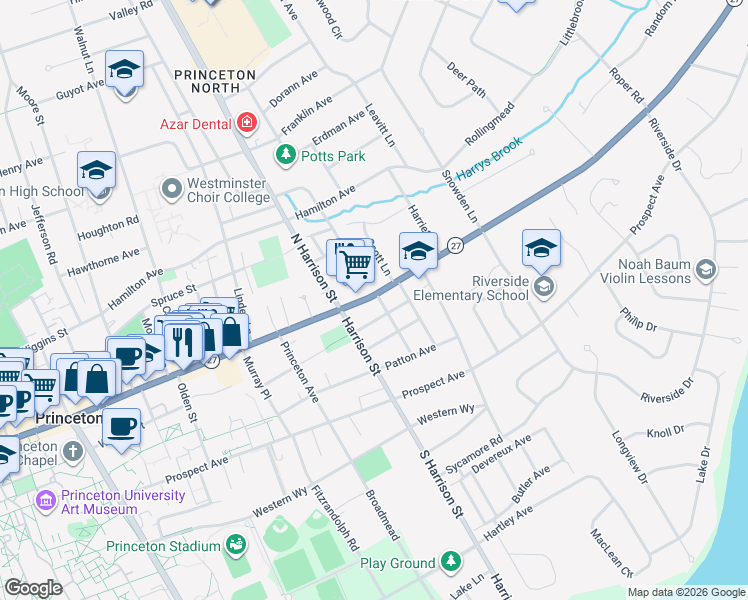 map of restaurants, bars, coffee shops, grocery stores, and more near 366 Nassau Street in Princeton