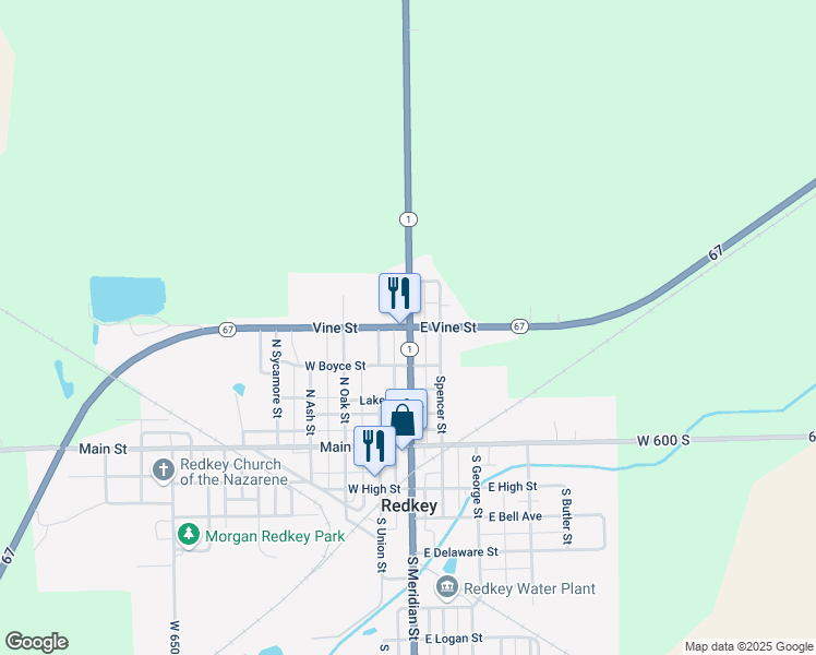 map of restaurants, bars, coffee shops, grocery stores, and more near Indiana 67 in Redkey