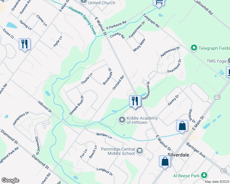 map of restaurants, bars, coffee shops, grocery stores, and more near 115 Orchard Road in Perkasie