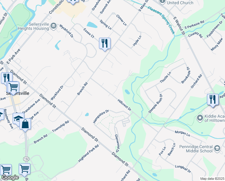 map of restaurants, bars, coffee shops, grocery stores, and more near 611 Hillcrest Drive in Perkasie