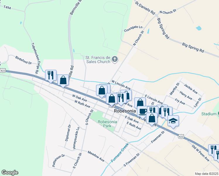 map of restaurants, bars, coffee shops, grocery stores, and more near 107 State Route 3010 in Robesonia