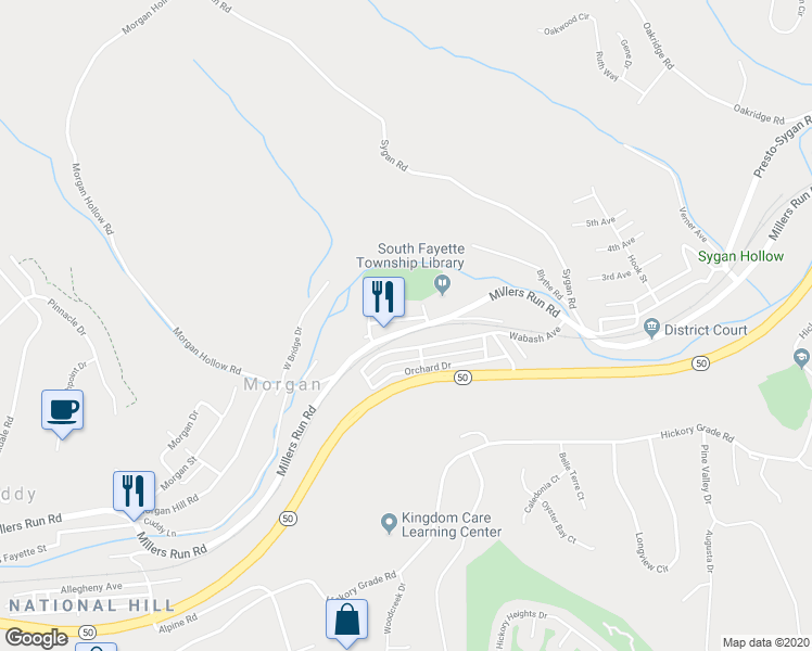 map of restaurants, bars, coffee shops, grocery stores, and more near 528 Millers Run Road in Morgan