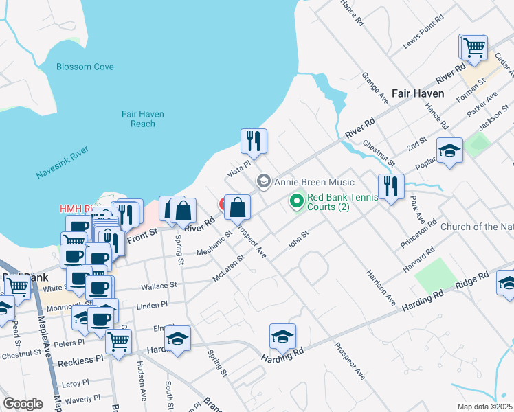map of restaurants, bars, coffee shops, grocery stores, and more near 212 River Road in Red Bank
