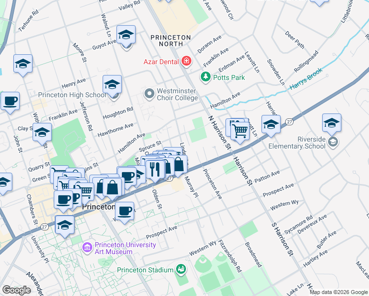 map of restaurants, bars, coffee shops, grocery stores, and more near 33 Linden Lane in Princeton