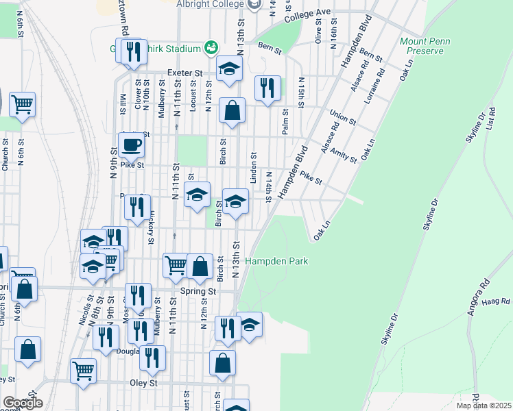 map of restaurants, bars, coffee shops, grocery stores, and more near 1239 East Linden Street in Reading