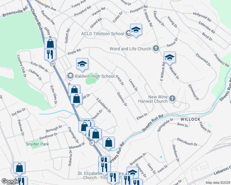 map of restaurants, bars, coffee shops, grocery stores, and more near 5024 Dolores Drive in Pittsburgh