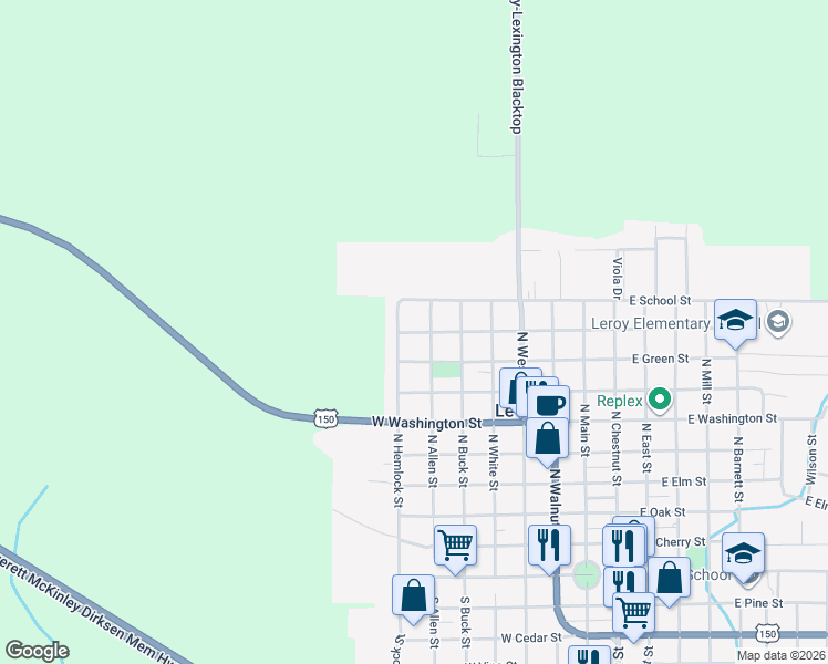 map of restaurants, bars, coffee shops, grocery stores, and more near 605 West Wayne Street in Le Roy