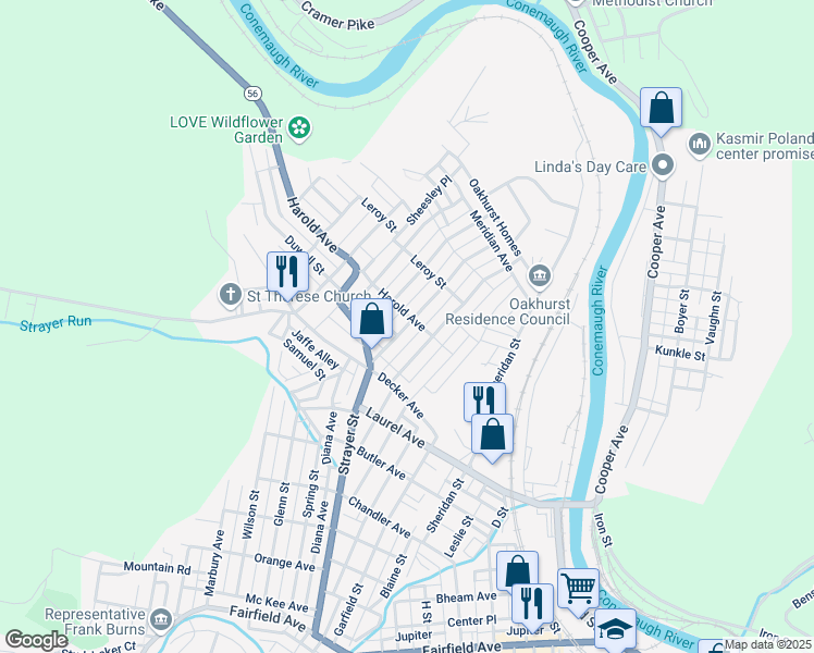 map of restaurants, bars, coffee shops, grocery stores, and more near 362 Corinne Street in Johnstown
