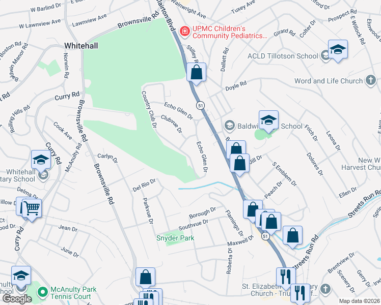 map of restaurants, bars, coffee shops, grocery stores, and more near 4657 Country Club Dr in Pittsburgh