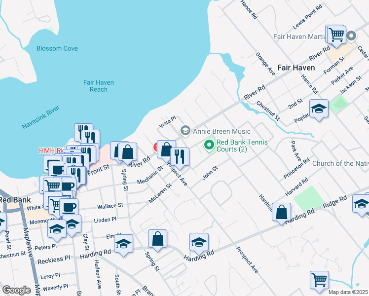 map of restaurants, bars, coffee shops, grocery stores, and more near 20 High Street in Red Bank