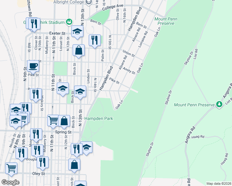 map of restaurants, bars, coffee shops, grocery stores, and more near 1245 Alsace Road in Reading