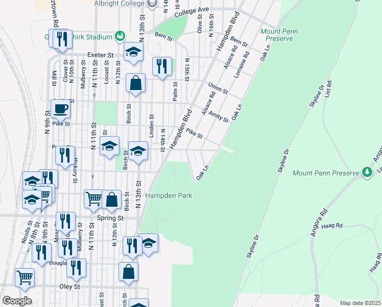 map of restaurants, bars, coffee shops, grocery stores, and more near 1243 Alsace Road in Reading