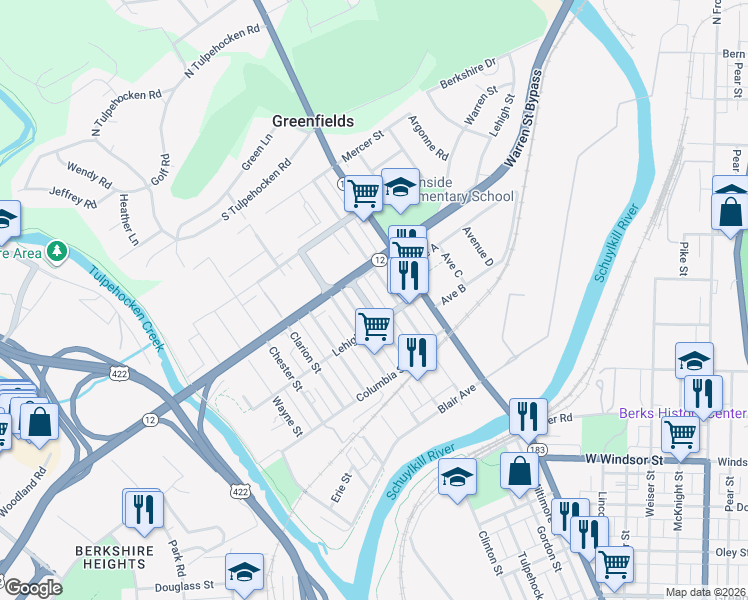 map of restaurants, bars, coffee shops, grocery stores, and more near 1321 Butler Street in Reading