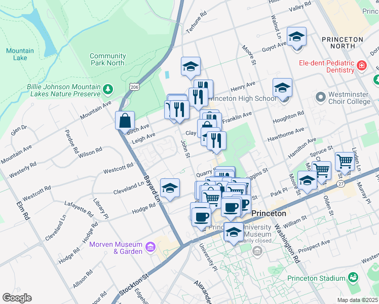 map of restaurants, bars, coffee shops, grocery stores, and more near 195 John Street in Princeton