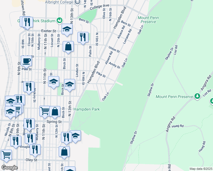 map of restaurants, bars, coffee shops, grocery stores, and more near 1217 Lorraine Road in Reading
