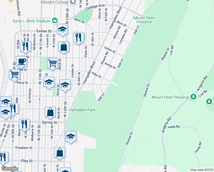 map of restaurants, bars, coffee shops, grocery stores, and more near 1217 Lorraine Road in Reading