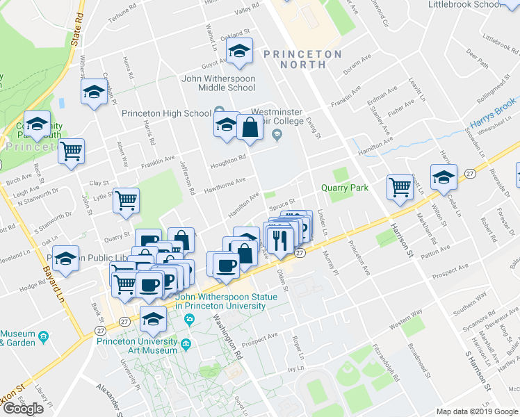 map of restaurants, bars, coffee shops, grocery stores, and more near 54 Spruce Street in Princeton